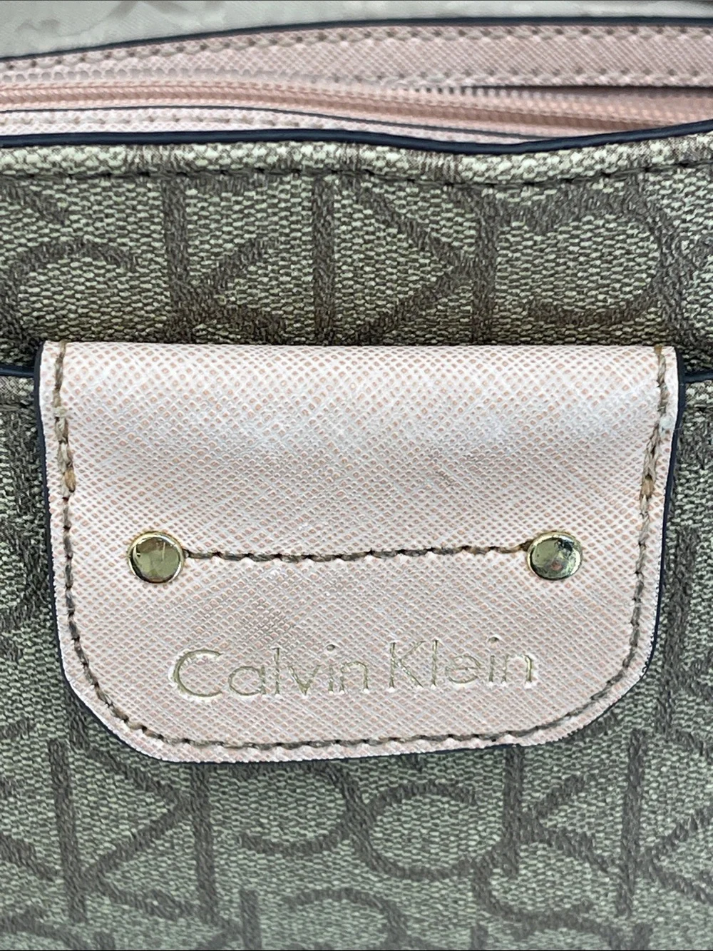 Calvin Klein Beige Monogram Crossbody with Pink Trim